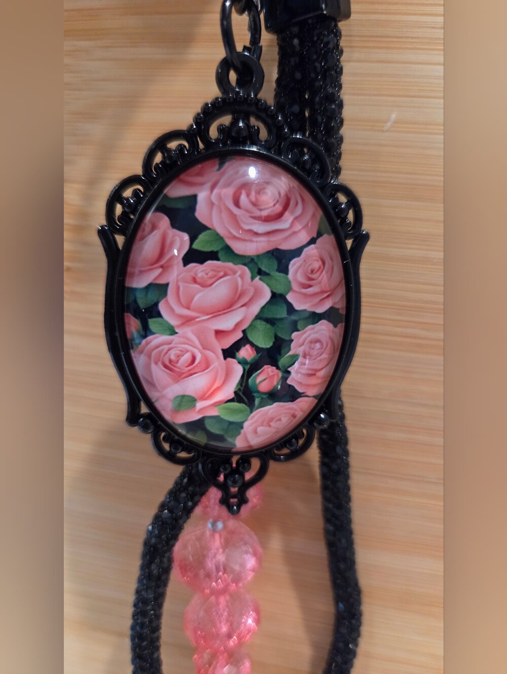 Luxury Gothic Pink Rose Cameo Keychain Bling Bag Charm Black